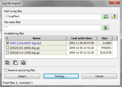 Log2Stats log import window